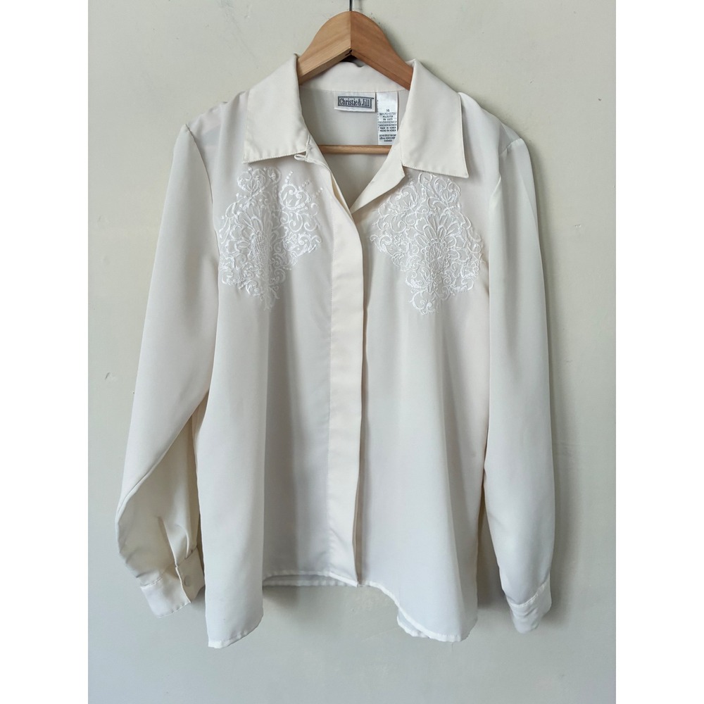Vintage Christie & Jill Cream Embroidered Button Down Blouse Top Sz 14 feminine